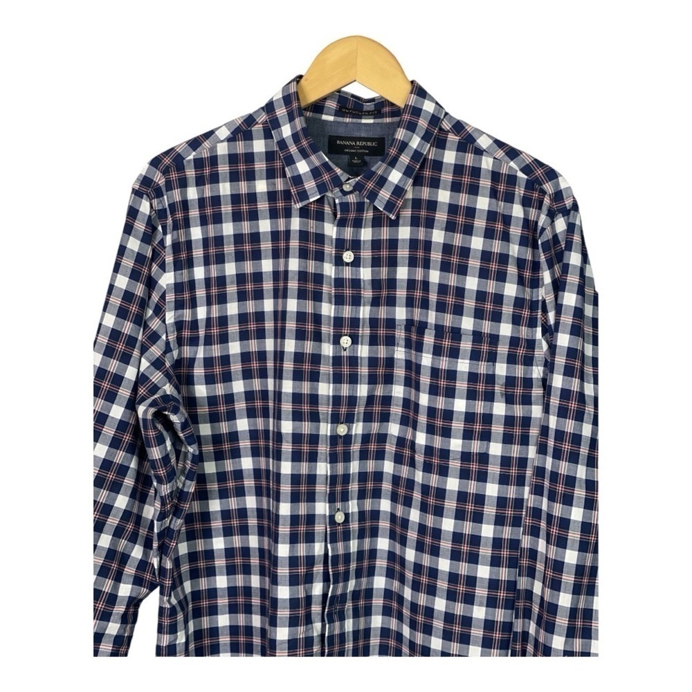 Banana Republic factory Organic Cotton untucked Fit Blue plaid shirt L - Picture 2 of 7